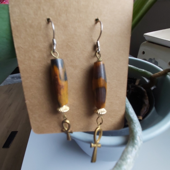 Wooden gold rone dangle with cross hanging earring; size: 3" long - Picture 1 of 4